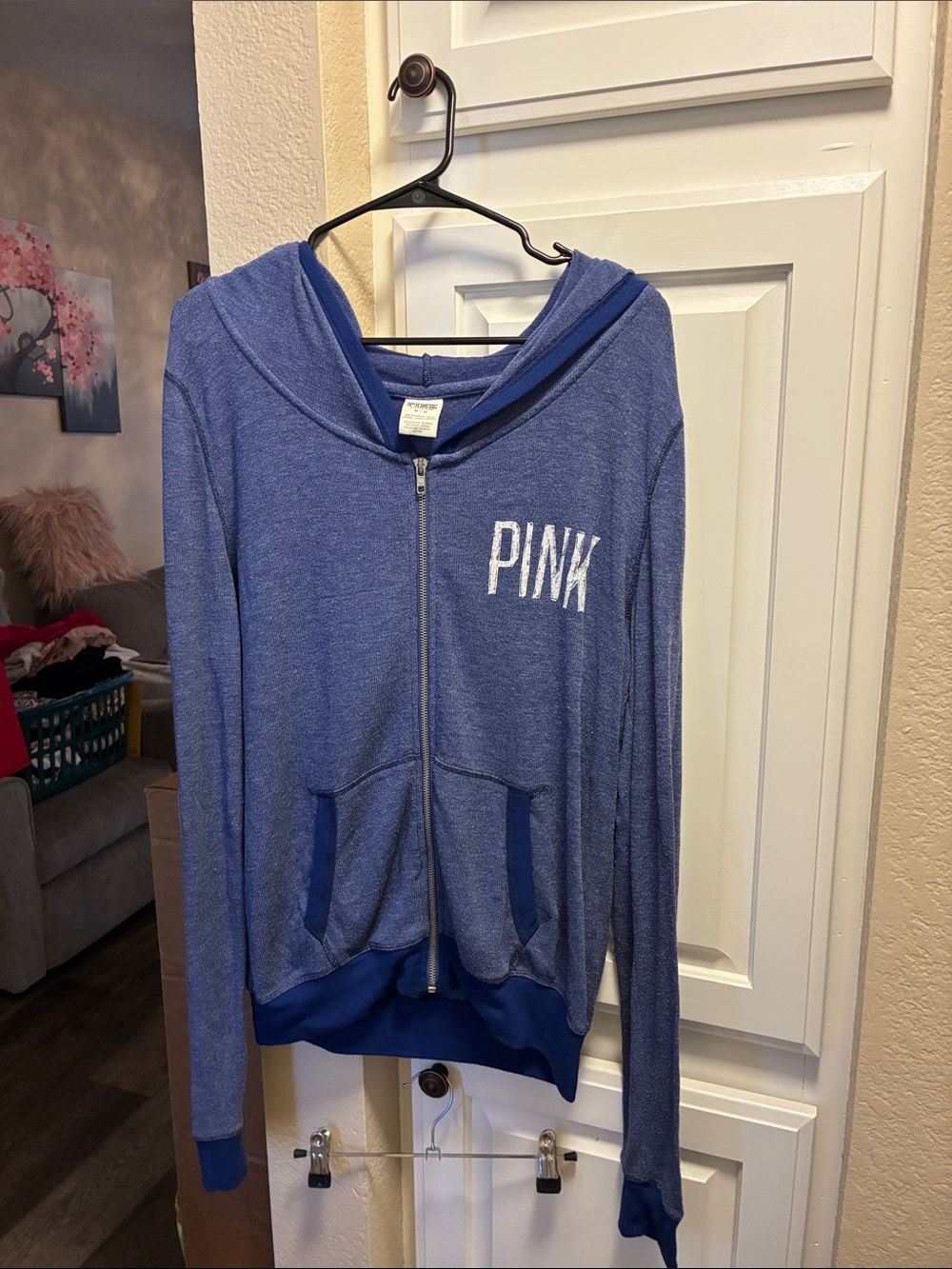 PINK Victoria's Secret Blue 1986 love pink Zip up Hooded sweatshirt